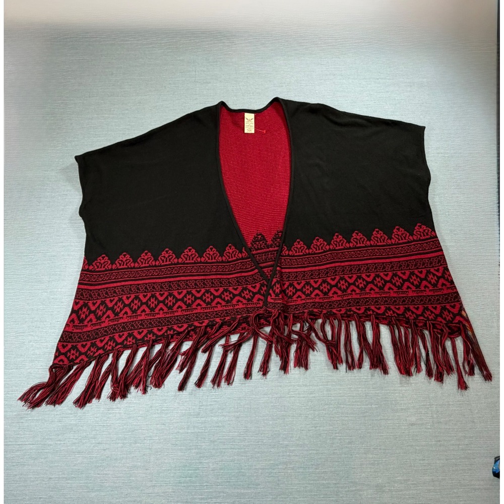 Faded Glory Poncho Sweater Women 2X Black Red Excellent Fringe Geometric Boho